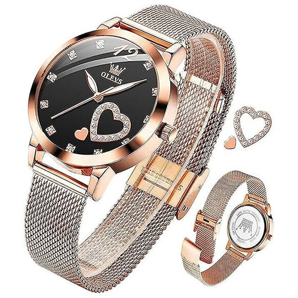 Watch Women Mesh Watches for Women with Date , heart rose gold black